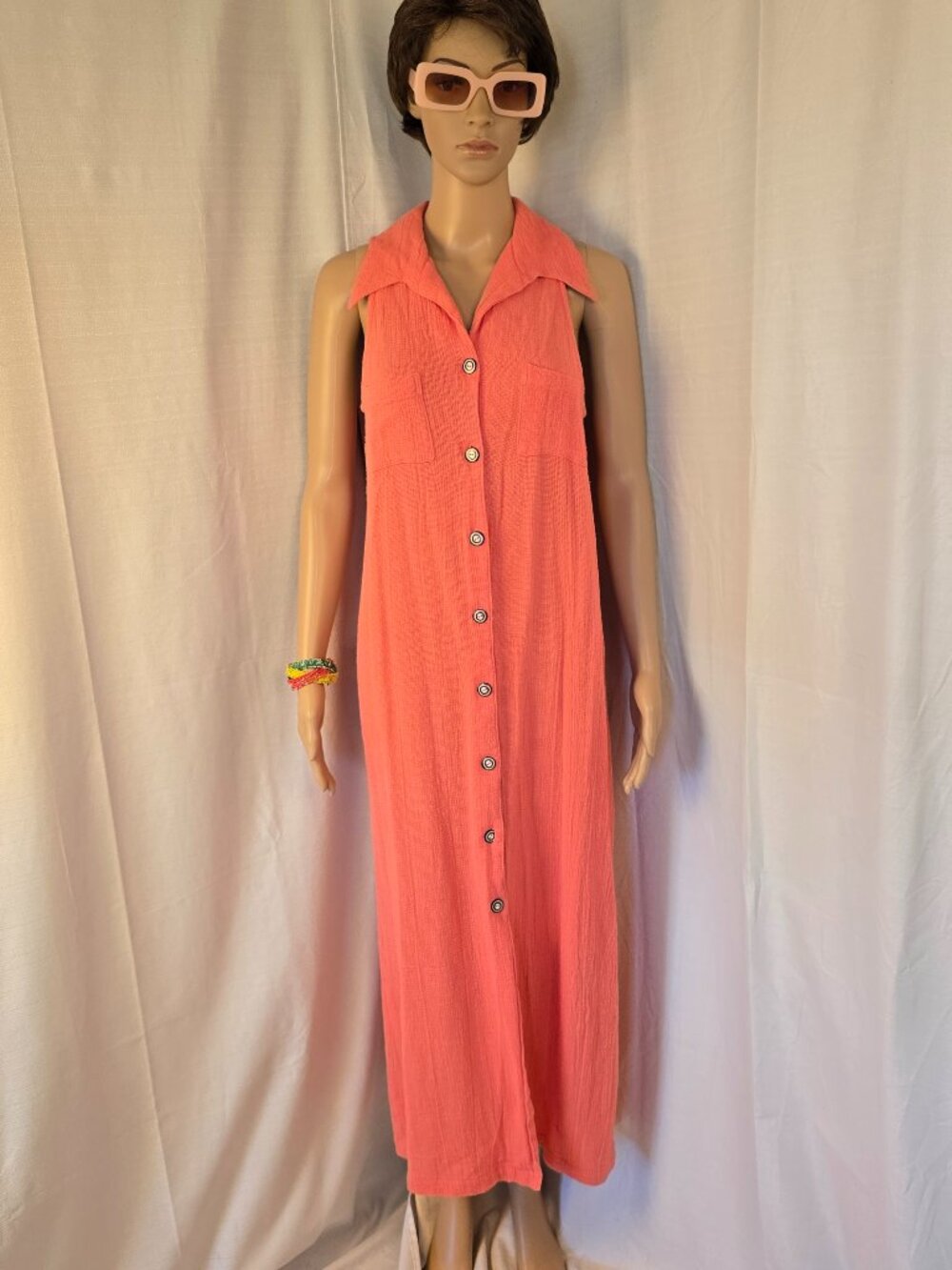Sun Showers 100% Cotton Maxi Salmon Summer Sleeveless Dress Size Medium